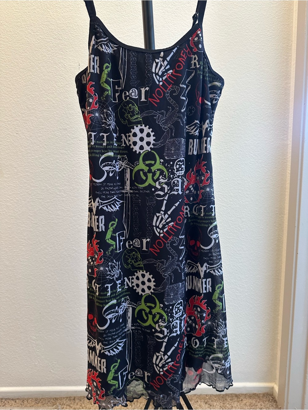 Black Graphic Print Slip Dress with Neon Accents